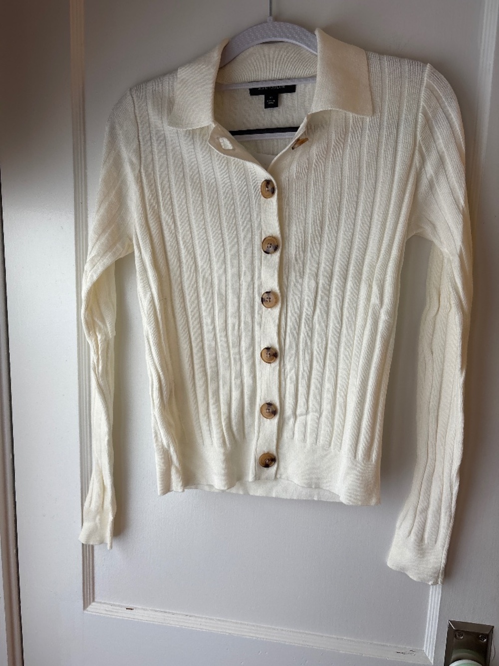 Ann Taylor White Collared Ribbed Cardigan, Sz XS, NWT